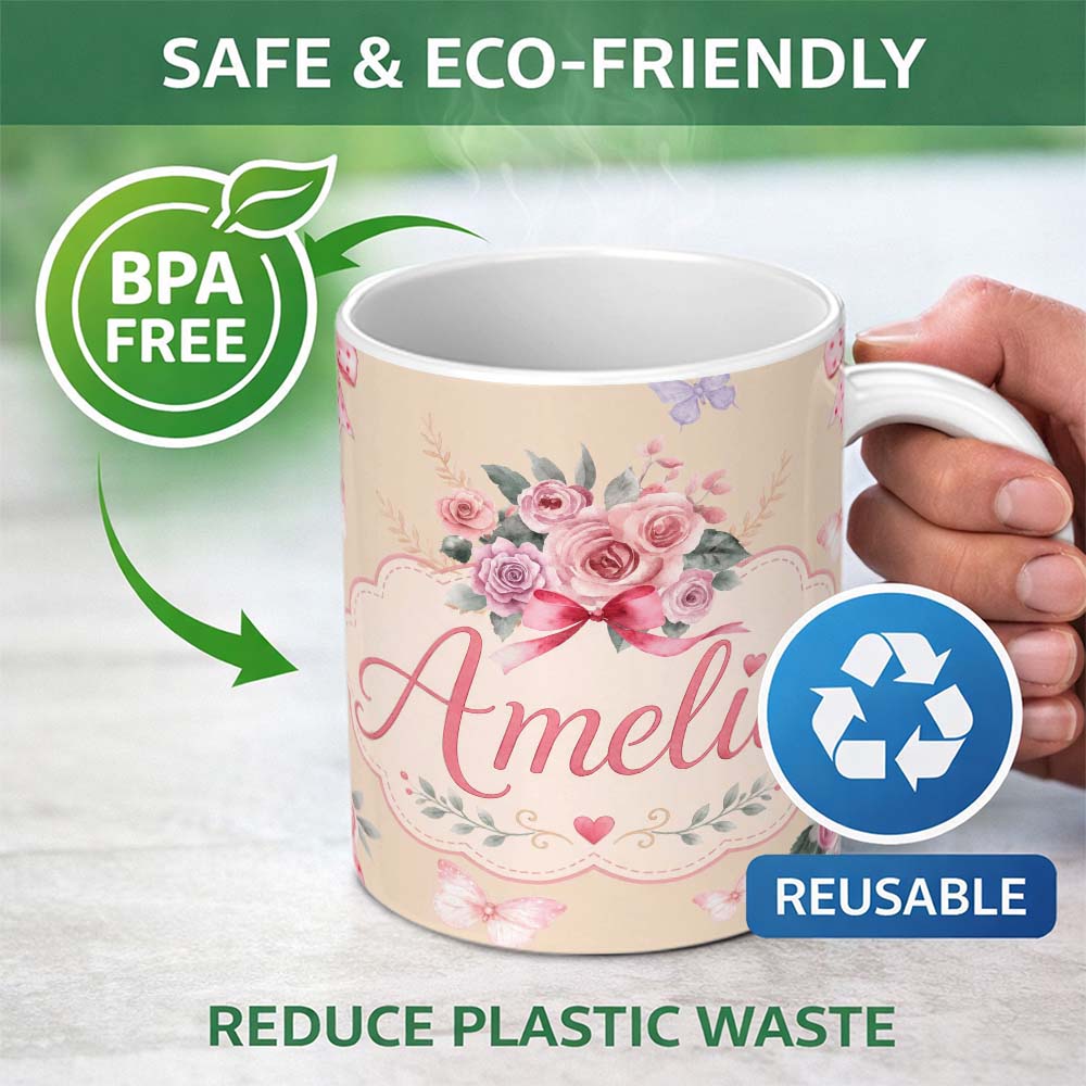 Personalized Custom Name Cute Watercolor Roses Bouquet with Red Ribbon Warm Beige Background 11oz Ceramic Coffee Tea Mug White Large Handle