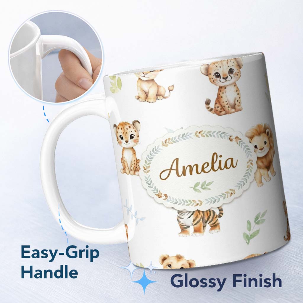 Personalized Custom Name Cute Baby Jungle Animals with Leaves on Soft Grey Background Lovely 11oz Ceramic Coffee Tea Mug White Large Handle