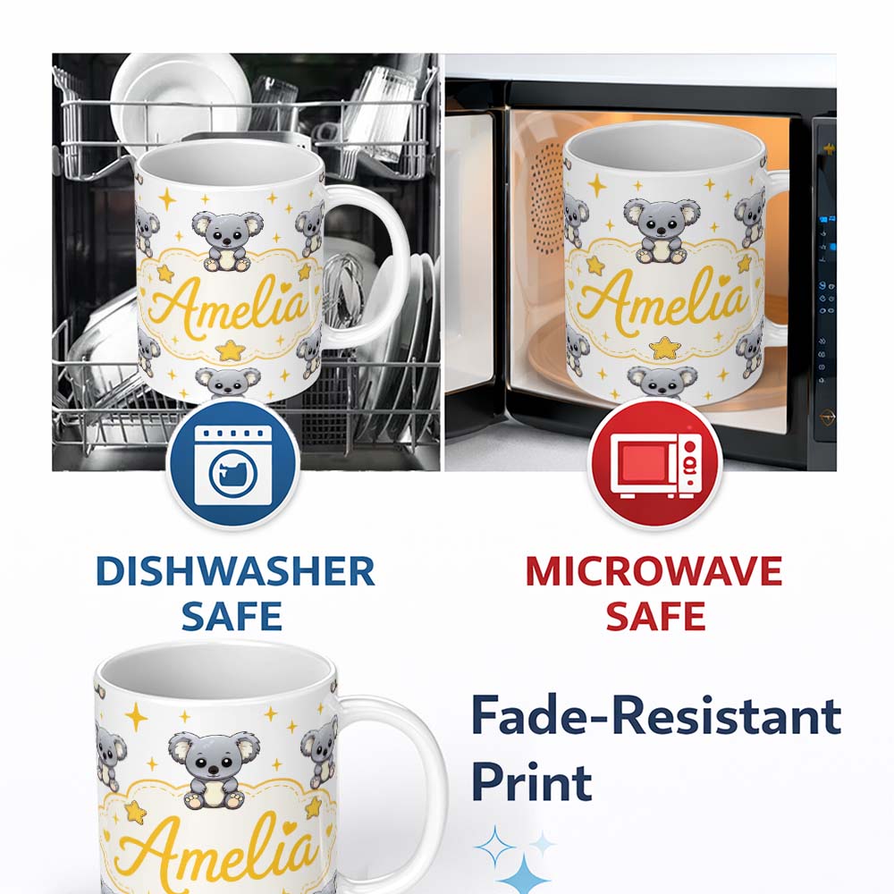 Personalized Custom Name Cute Koala Bears with Stars White Background Seamless Pattern Lovely 11oz Ceramic Coffee Tea Mug White Large Handle