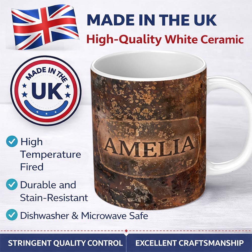 Personalized Custom Name Urban Grunge Rust Texture Seamless Pattern Distressed Industrial 11oz Ceramic Coffee Tea Mug White Large Handle