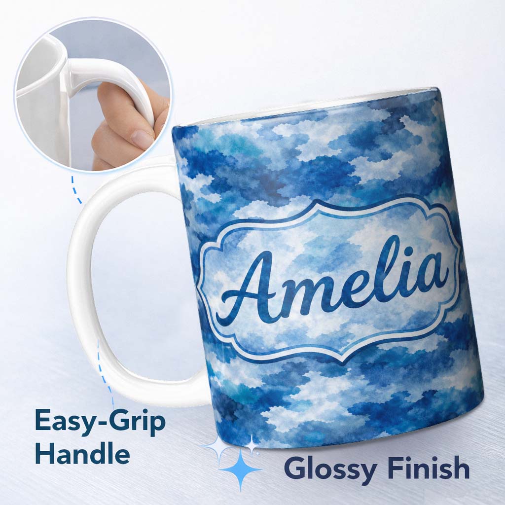 Personalized Custom Name Watercolor Blue Camouflage Artistic Seamless Pattern Lovely 11oz Ceramic Coffee Tea Mug White Large Handle