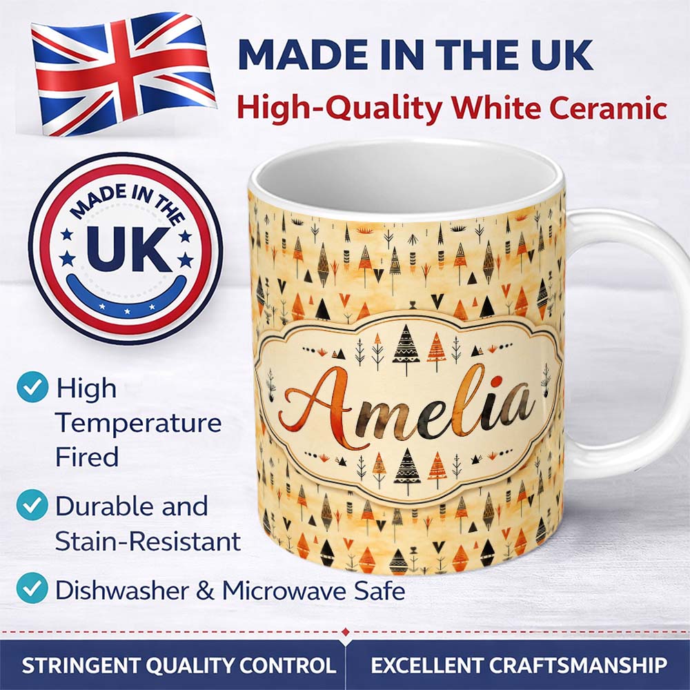 Personalized Custom Name Minimal Tribal Arrow Shapes Earth Tone Seamless Pattern Design 11oz Ceramic Coffee Tea Mug White Large Handle