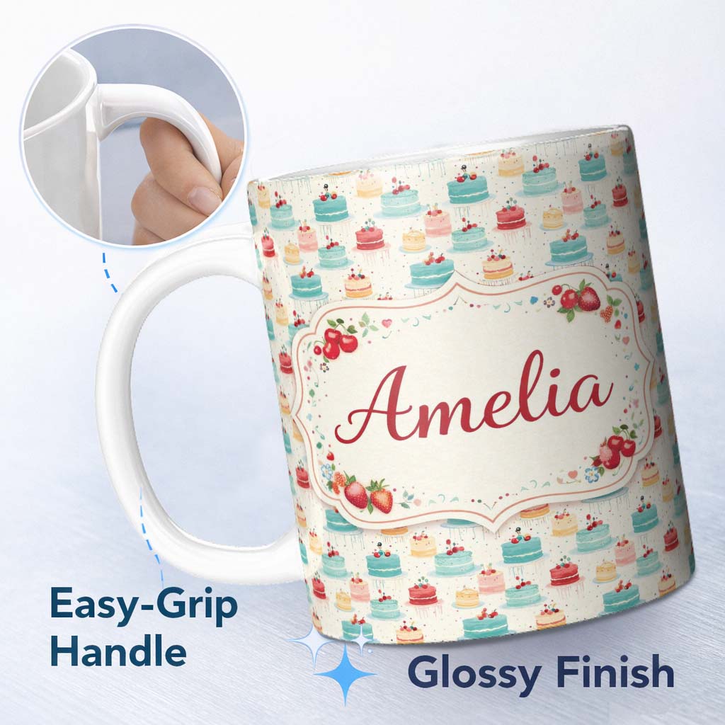 Personalized Custom Name Vintage Mini Cake Seamless Pattern Dessert Food Illustration Design 11oz Ceramic Coffee Tea Mug White Large Handle