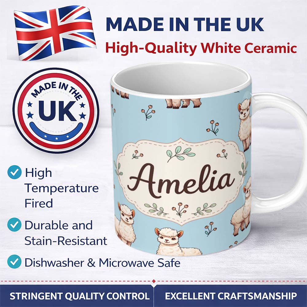 Personalized Custom Name Cute Alpaca Llama Farm Animals Floral Seamless Pattern Blue Lovely 11oz Ceramic Coffee Tea Mug White Large Handle