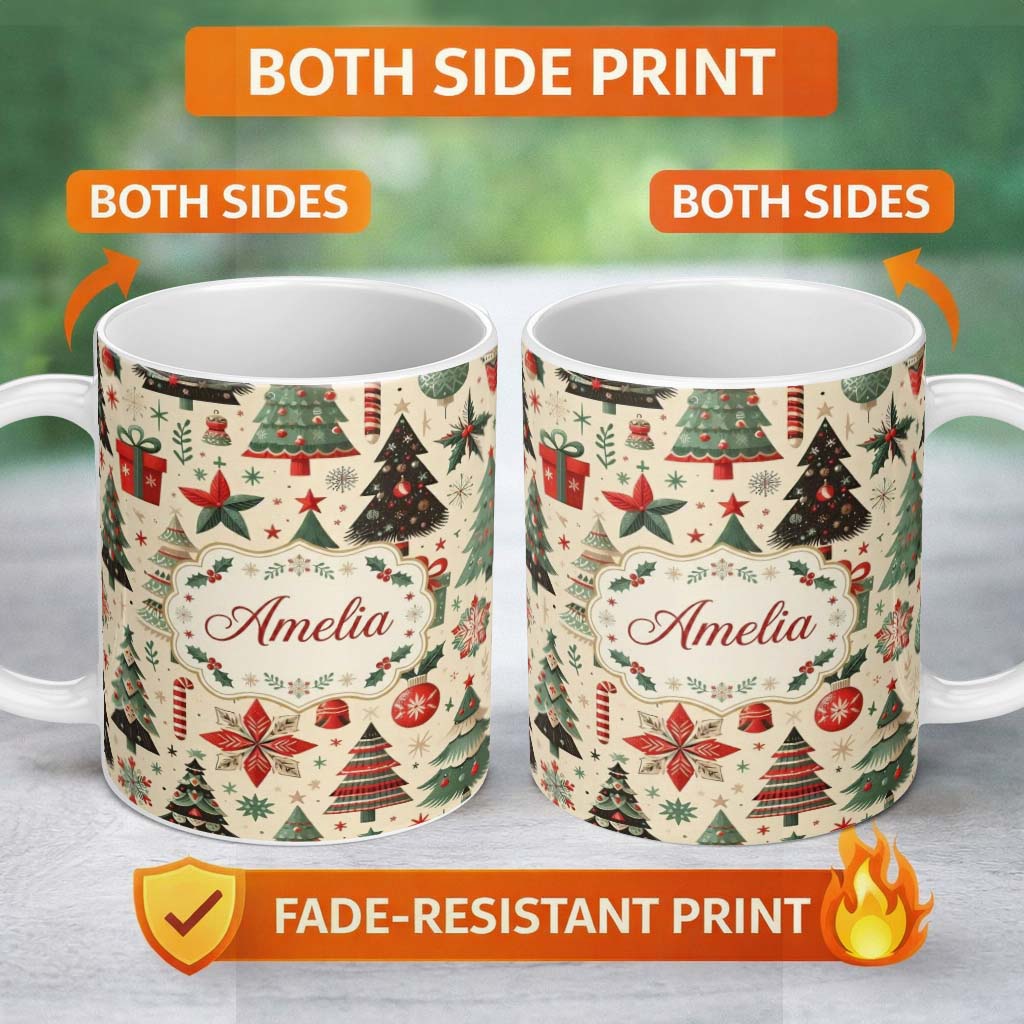 Personalized Custom Name Festive Christmas Tree Gift Ornament Star Holiday Seamless Pattern 11oz Ceramic Coffee Tea Mug White Large Handle