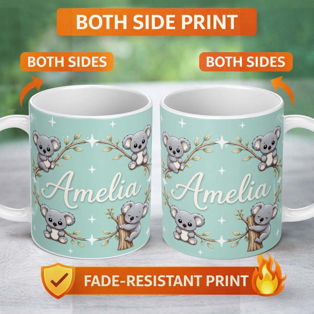 Personalized Custom Name Cute Cartoon Koala Bears with White Stars on Mint Green Background 11oz Ceramic Coffee Tea Mug White Large Handle
