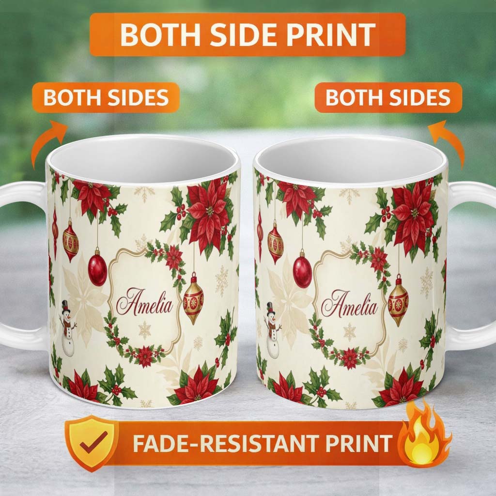 Personalized Custom Name Vintage Christmas Floral Holly Ornament Festive Seamless Pattern 11oz Ceramic Coffee Tea Mug White Large Handle