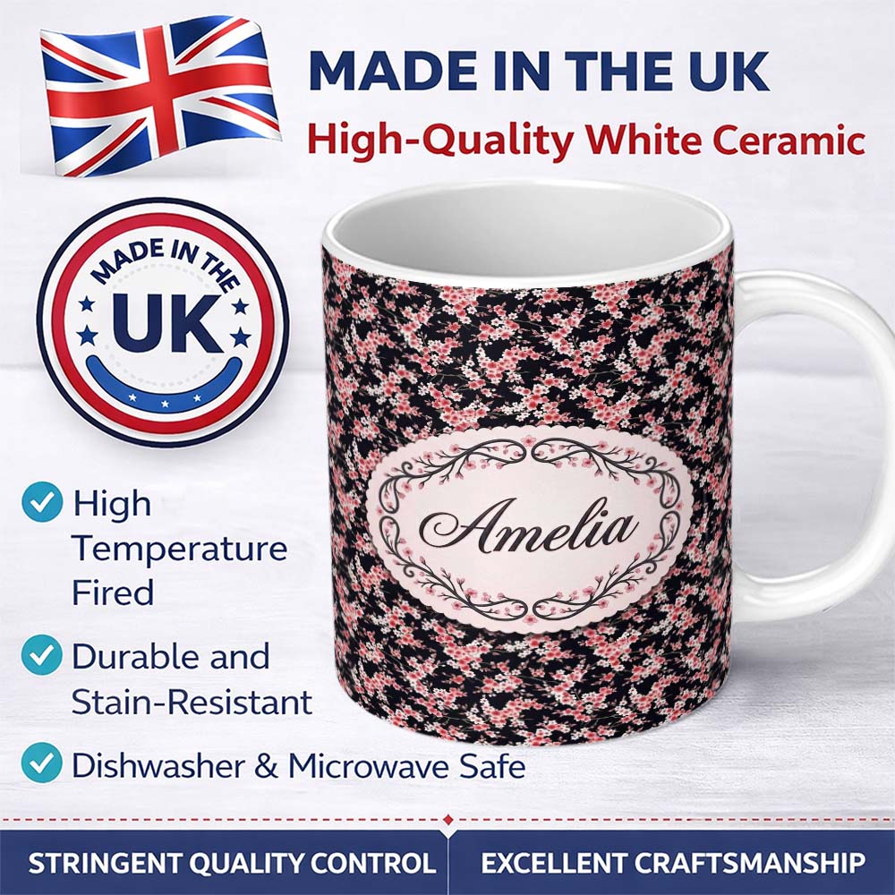 Personalized Custom Name Pink Cherry Blossom Floral Dark Background Seamless Pattern Lovely 11oz Ceramic Coffee Tea Mug White Large Handle