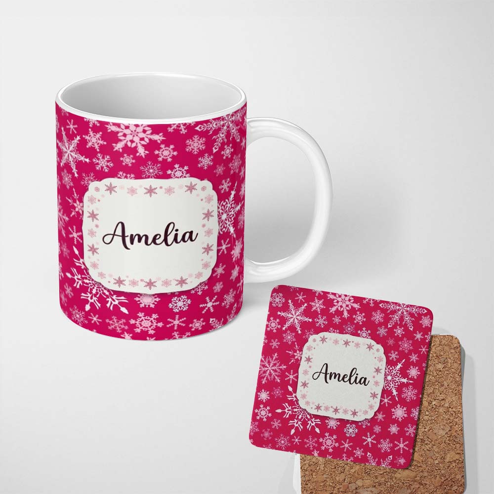 Personalized Custom Name Classic Red White Snowflake Christmas Seamless Pattern Lovely 11oz Ceramic Coffee Tea Mug White Large Handle