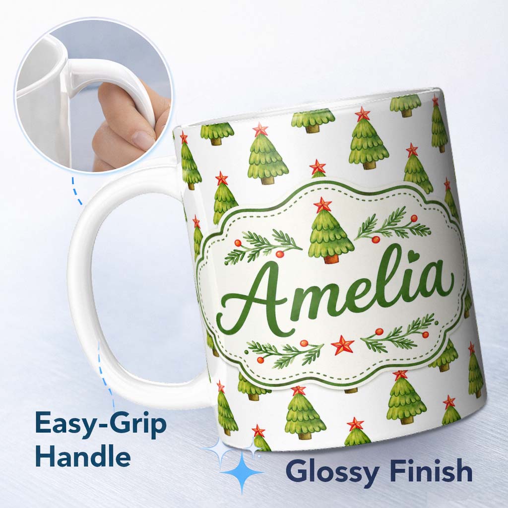Personalized Custom Name Watercolor Christmas Trees with Red Star Toppers Festive Seamless 11oz Ceramic Coffee Tea Mug White Large Handle