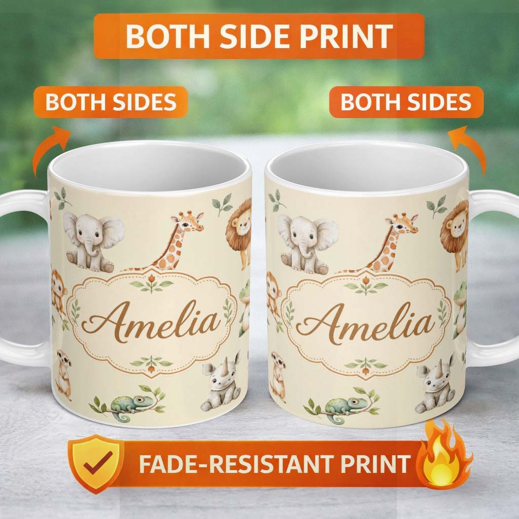 Personalized Custom Name Safari Animals with Elephant Lion and Crocodile on Soft Neutral 11oz Ceramic Coffee Tea Mug White Large Handle