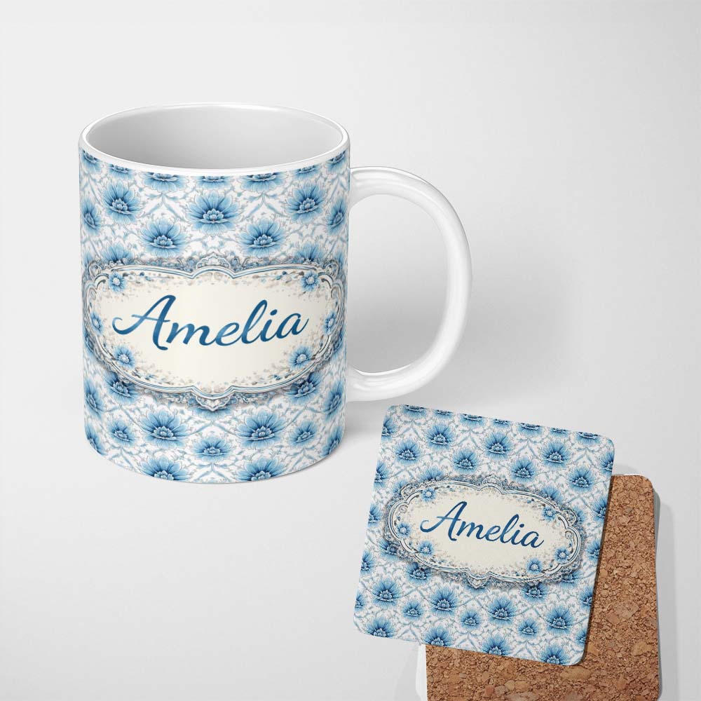 Personalized Custom Name Blue Floral Vintage Seamless Pattern Elegant Botanical Design Lovely 11oz Ceramic Coffee Tea Mug White Large Handle