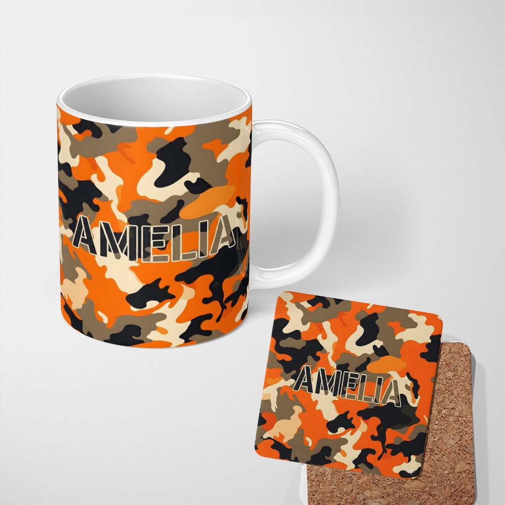Personalized Custom Name Orange Beige Camouflage Soft Contrast Seamless Pattern Lovely 11oz Ceramic Coffee Tea Mug White Large Handle