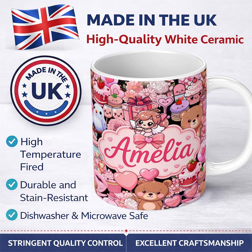 Personalized Custom Name Cute Teddy Bear Cupcake Candy Hearts Romantic Collage Seamless Black 11oz Ceramic Coffee Tea Mug White Large Handle