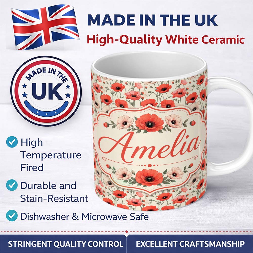 Personalized Custom Name Soft Red and Cream Poppy Meadow Seamless Pattern Cute Unique Gift 11oz Ceramic Coffee Tea Mug White Large Handle