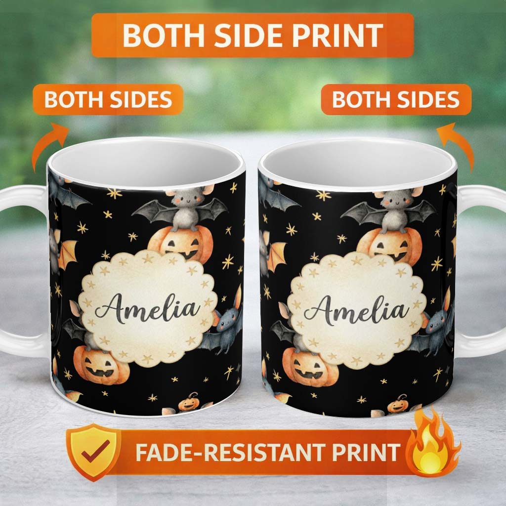 Personalized Custom Name Cute Halloween Bats Sitting on Pumpkins with Stars Black Background 11oz Ceramic Coffee Tea Mug White Large Handle