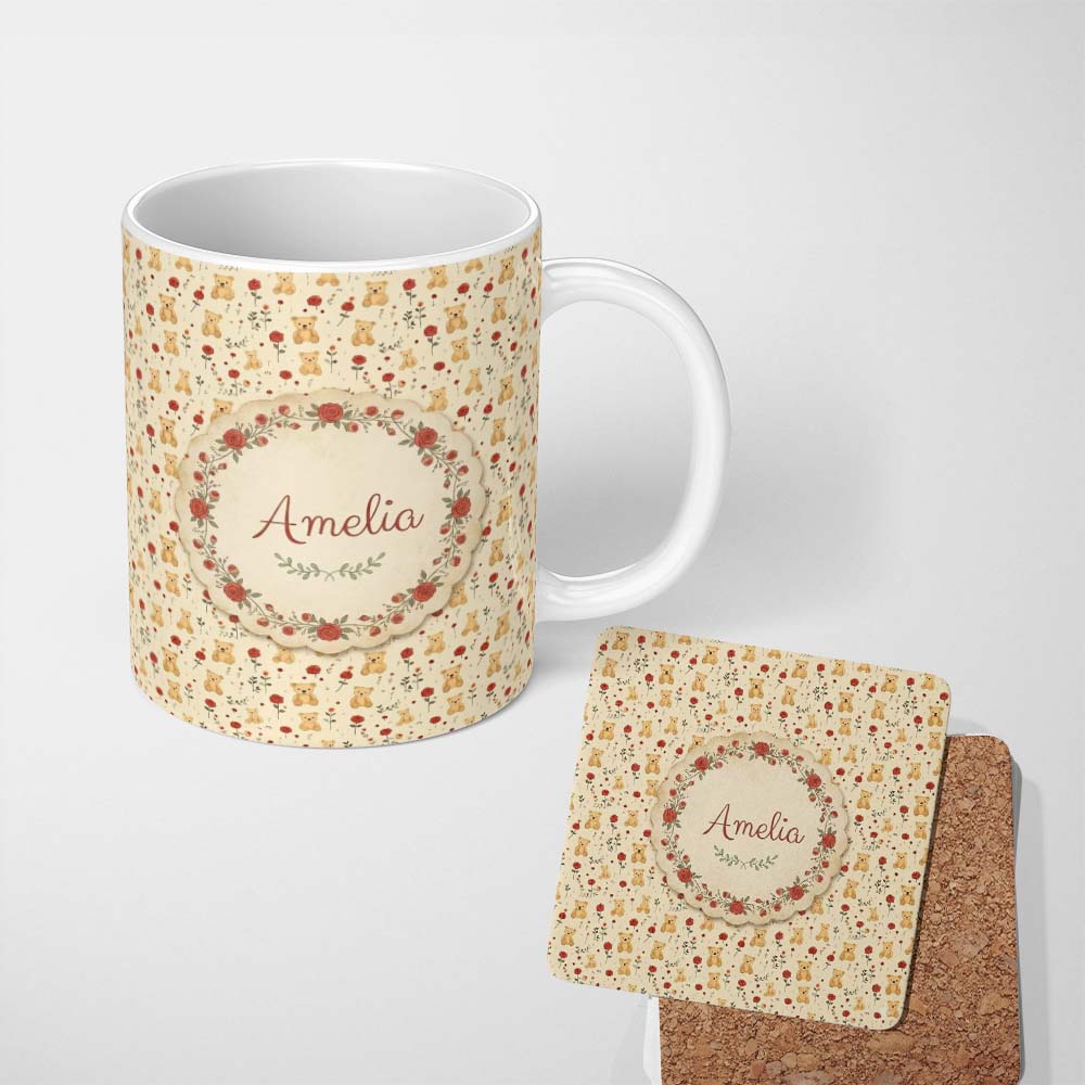 Personalized Custom Name Cute Teddy Bear and Red Rose Floral Seamless Pattern Lovely 11oz Ceramic Coffee Tea Mug White Large Handle