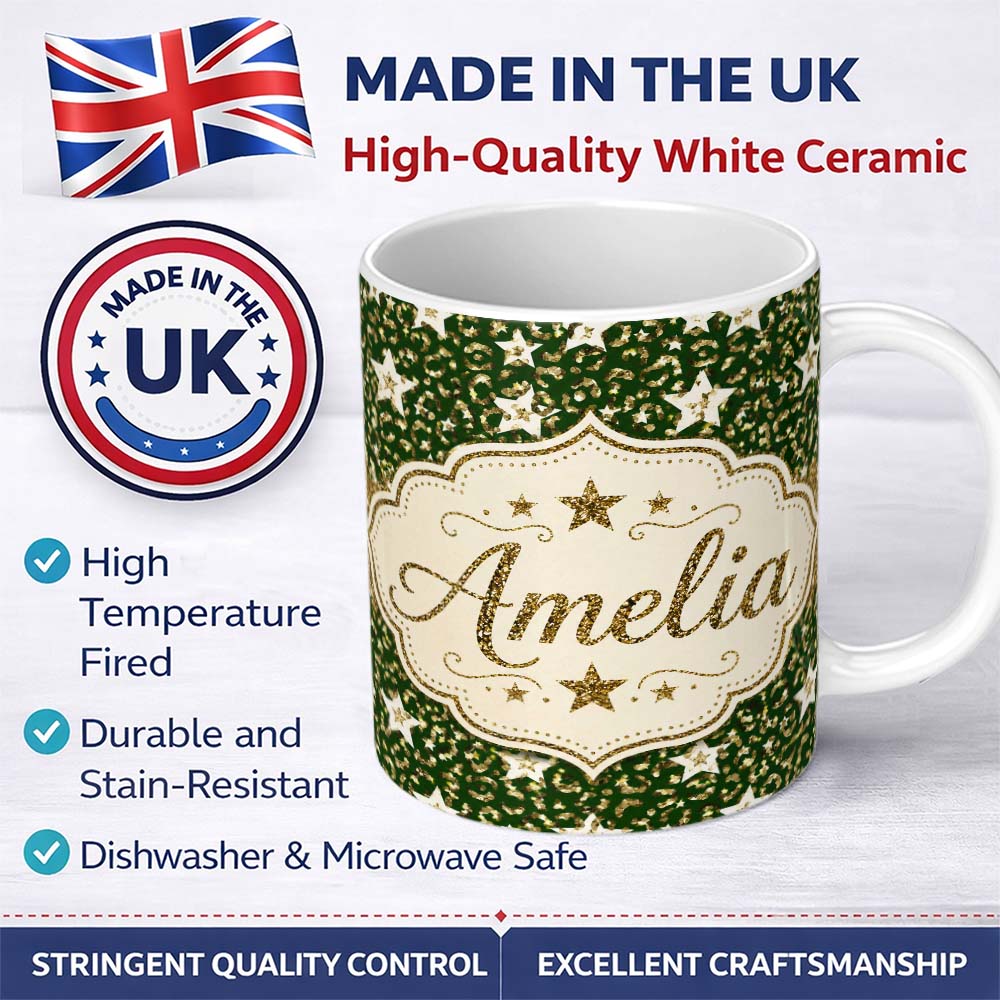 Personalized Custom Name Green Gold Leopard Glitter Star Seamless Pattern Design Festive 11oz Ceramic Coffee Tea Mug White Large Handle