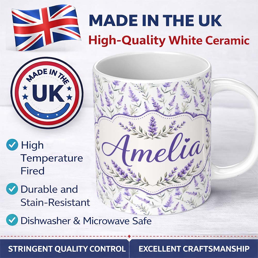 Personalized Custom Name Vintage Inspired Blue Floral Damask Pattern with Ornate Detailing 11oz Ceramic Coffee Tea Mug White Large Handle