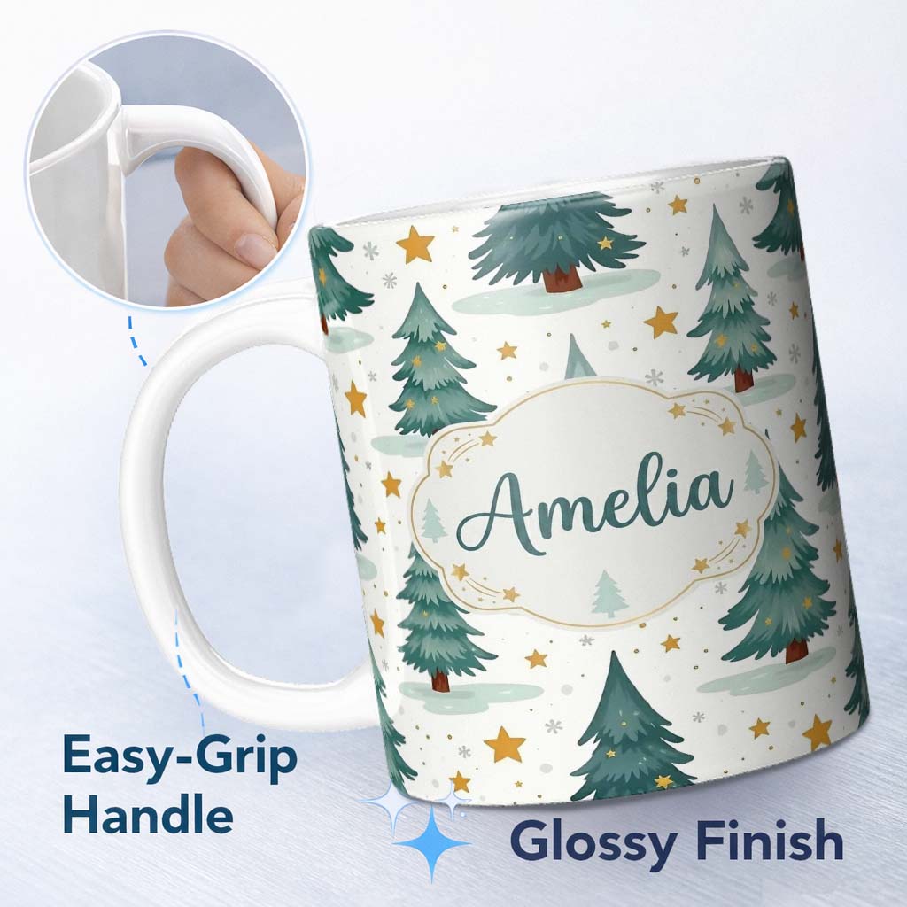 Personalized Custom Name Snowy Christmas Pine Trees with Golden Stars Winter Seamless Pattern 11oz Ceramic Coffee Tea Mug White Large Handle