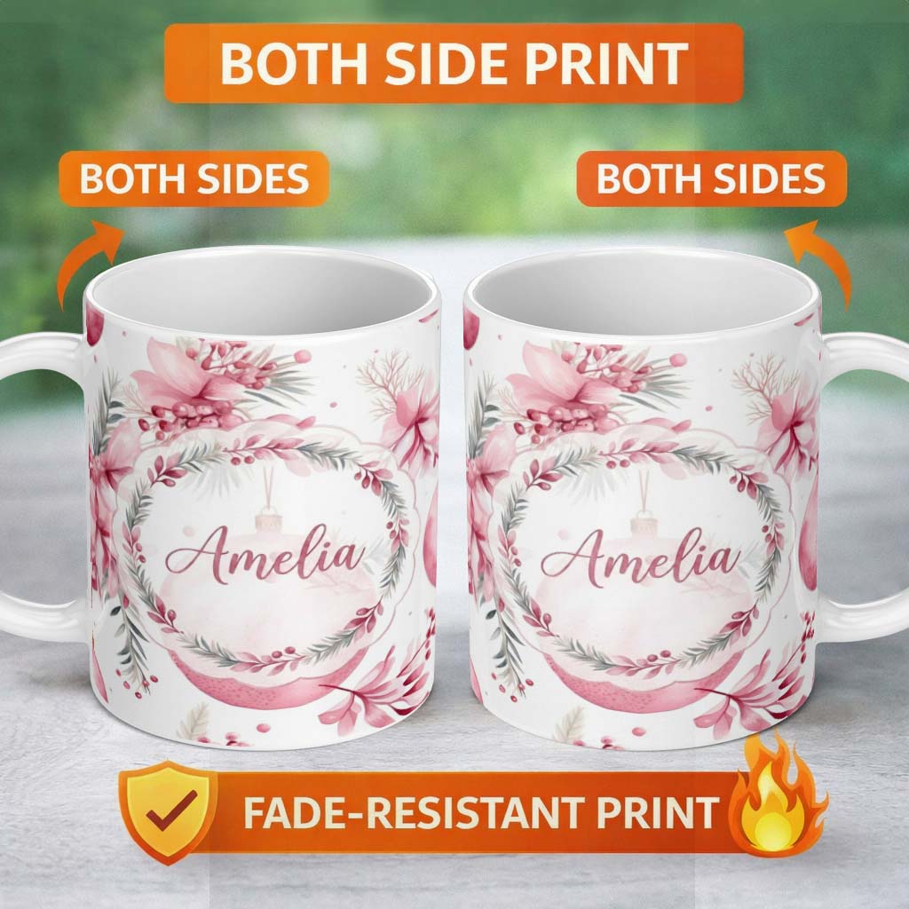Personalized Custom Name Elegant Pink Watercolor Floral Baubles Winter Holiday Seamless 11oz Ceramic Coffee Tea Mug White Large Handle