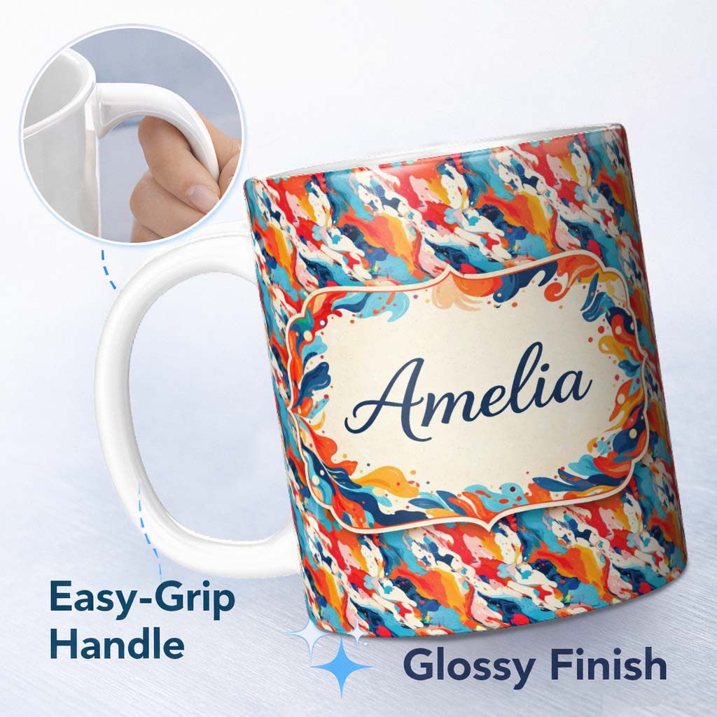 Personalized Custom Name Bold Brush Stroke Abstract Red Blue White Pattern Cute Unique Gift 11oz Ceramic Coffee Tea Mug White Large Handle