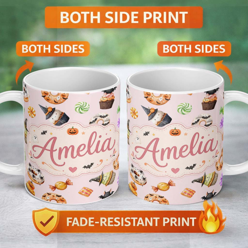 Personalized Custom Name Cute Halloween Donuts Cupcakes Bats and Candy Soft Pink Background 11oz Ceramic Coffee Tea Mug White Large Handle