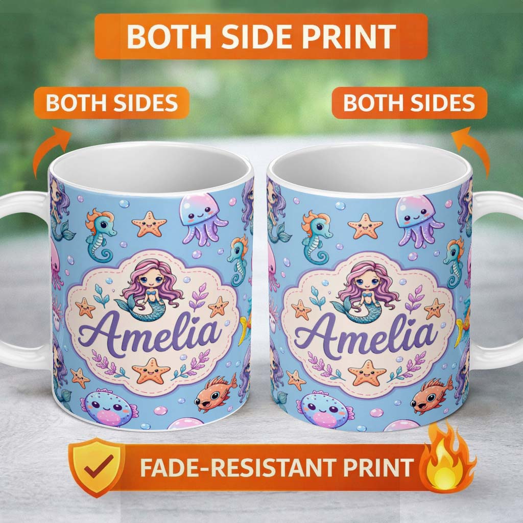 Personalized Custom Name Cute Cartoon Mermaid with Sea Creatures on Blue Background Kids 11oz Ceramic Coffee Tea Mug White Large Handle