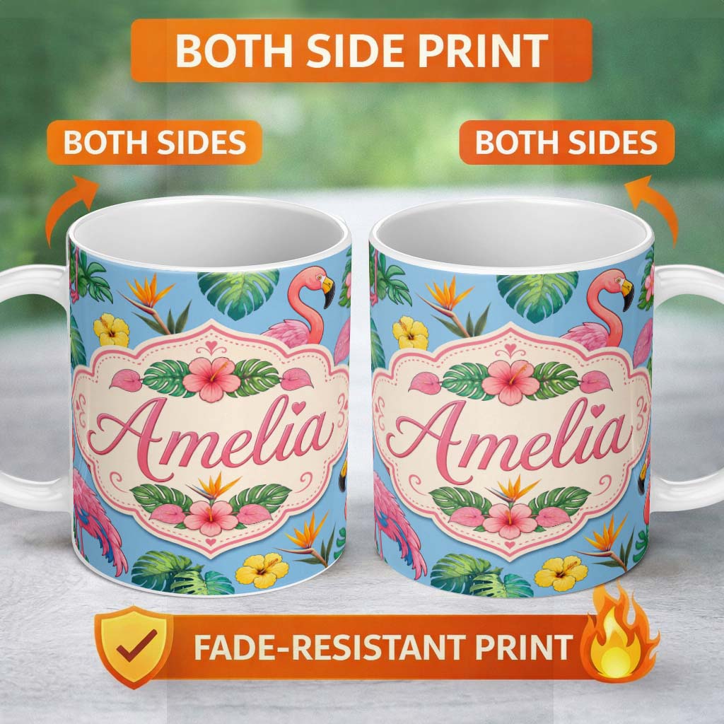 Personalized Custom Name Tropical Flamingo with Hibiscus Flowers and Leaves Sky Blue Lovely 11oz Ceramic Coffee Tea Mug White Large Handle