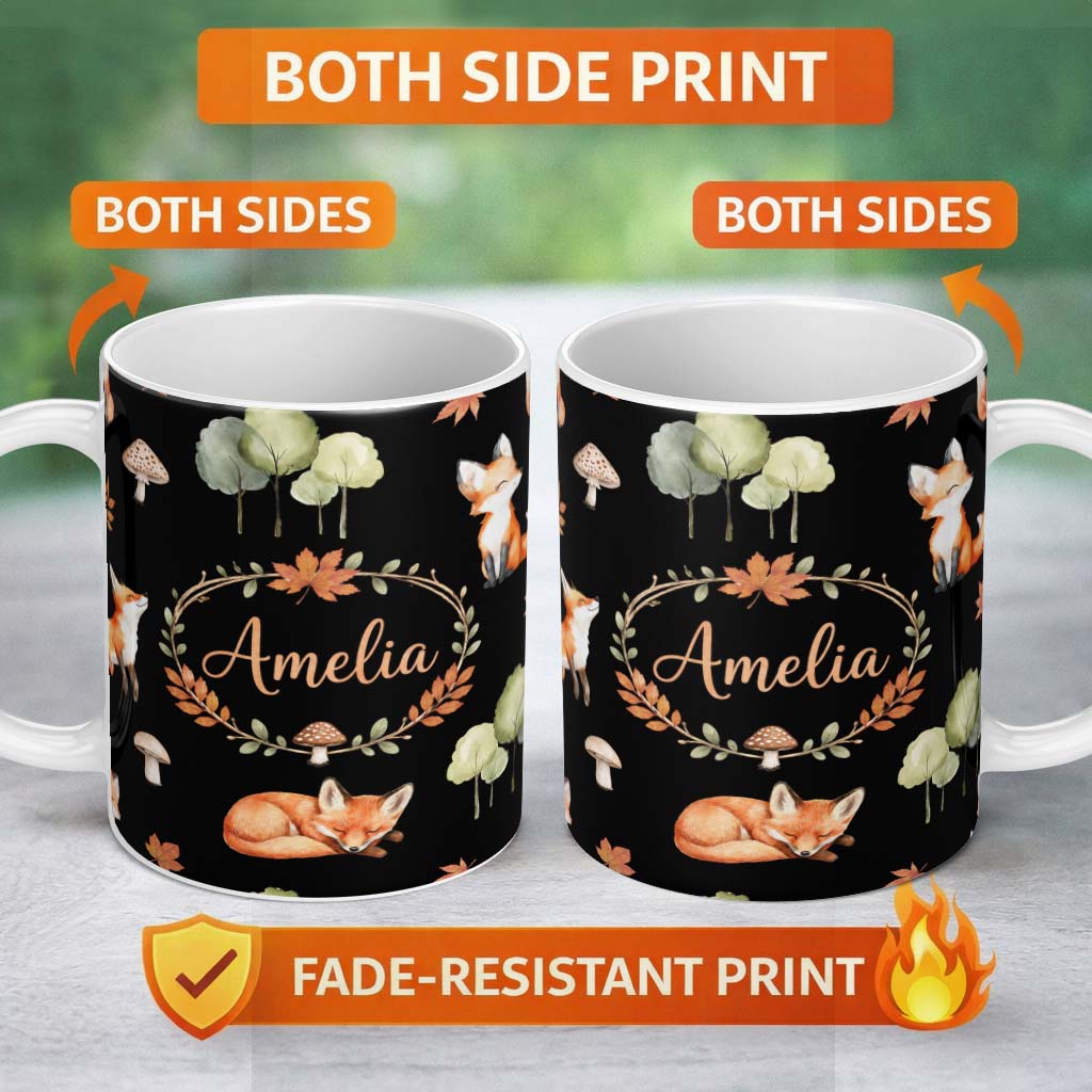 Personalized Custom Name Watercolor Woodland Fox Mushroom Autumn Seamless Pattern on White 11oz Ceramic Coffee Tea Mug White Large Handle