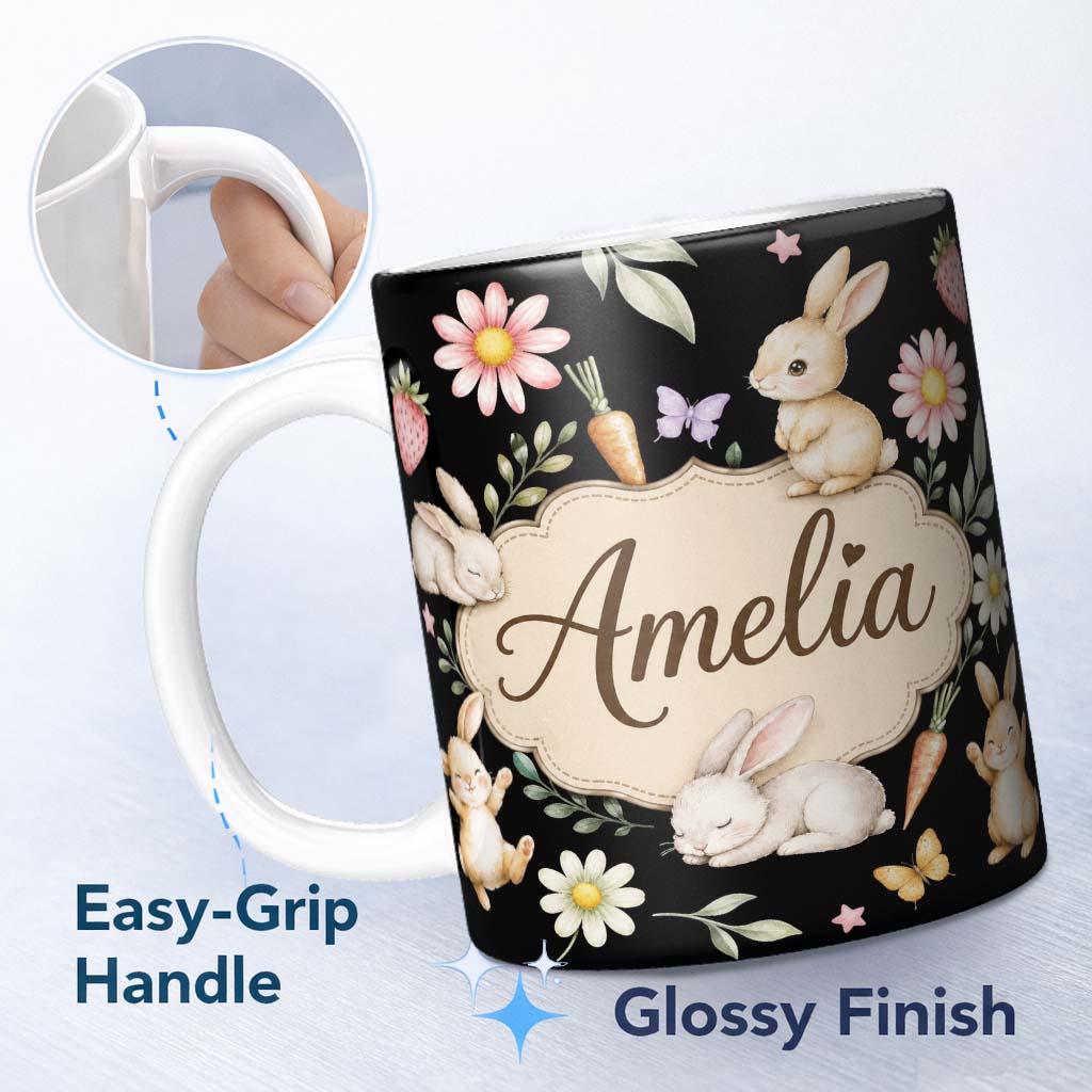 Personalized Custom Name Cute Bunny Rabbits Carrots Flowers Spring Garden Seamless Pattern 11oz Ceramic Coffee Tea Mug White Large Handle