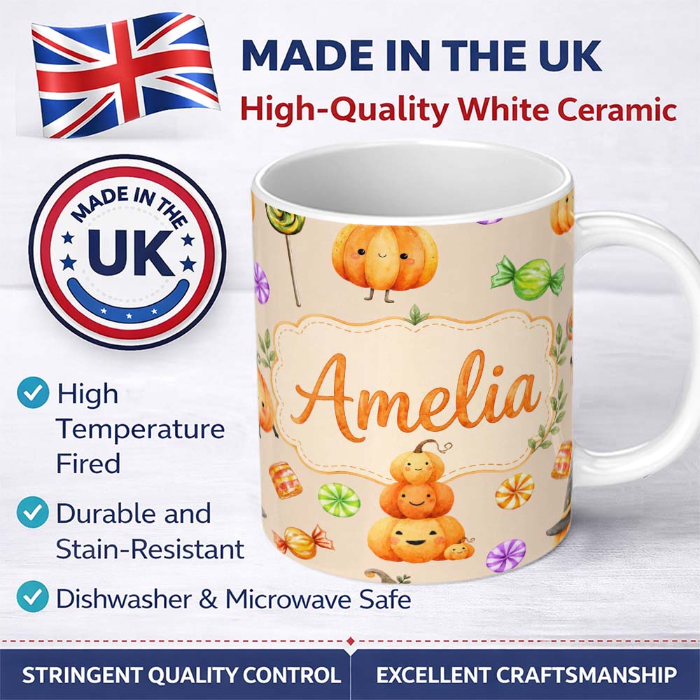 Personalized Custom Name Cute Watercolor Pumpkins and Candy Sweets on Soft Lilac Background 11oz Ceramic Coffee Tea Mug White Large Handle