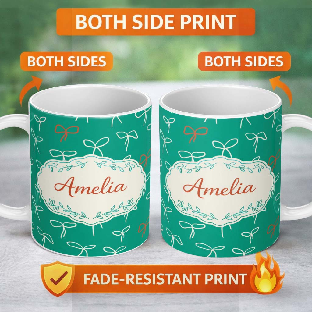 Personalized Custom Name Minimal Bow Line Art Green Background Cute Seamless Pattern Lovely 11oz Ceramic Coffee Tea Mug White Large Handle