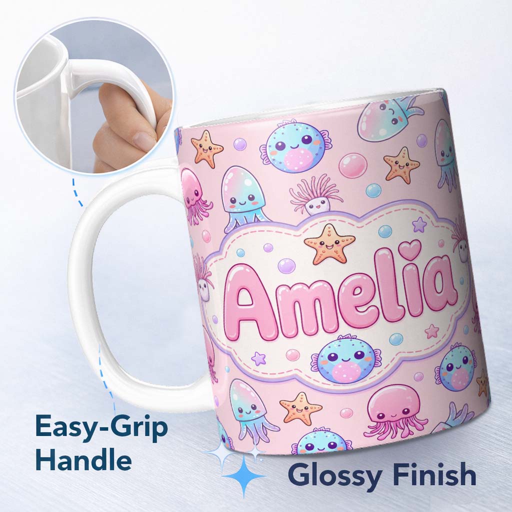 Personalized Custom Name Jellyfish Starfish and Cute Sea Creatures Soft Blush Pink Background 11oz Ceramic Coffee Tea Mug White Large Handle