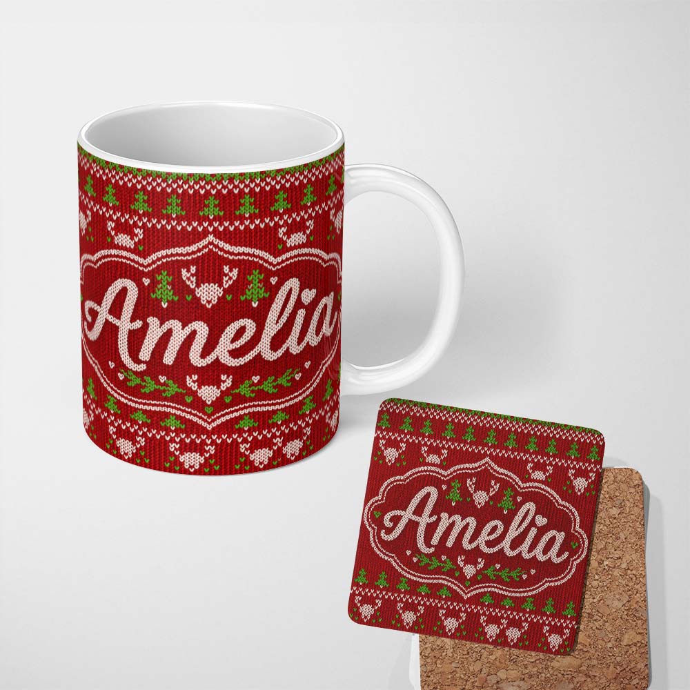 Personalized Custom Name Red Green Cute Christmas Tree Heart Knit Seamless Pattern Lovely 11oz Ceramic Coffee Tea Mug White Large Handle