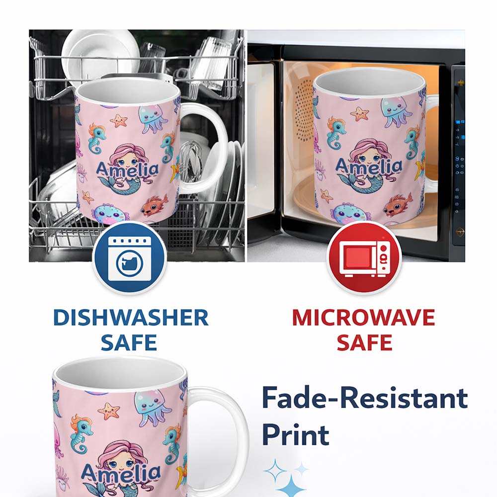 Personalized Custom Name Cute Kawaii Mermaid Seahorse Jellyfish and Starfish Light Pink 11oz Ceramic Coffee Tea Mug White Large Handle