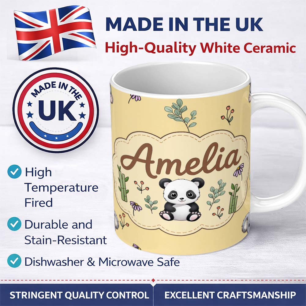 Personalized Custom Name Cute Panda Bear with Bamboo Leaves Floral Pattern Warm Beige Lovely 11oz Ceramic Coffee Tea Mug White Large Handle