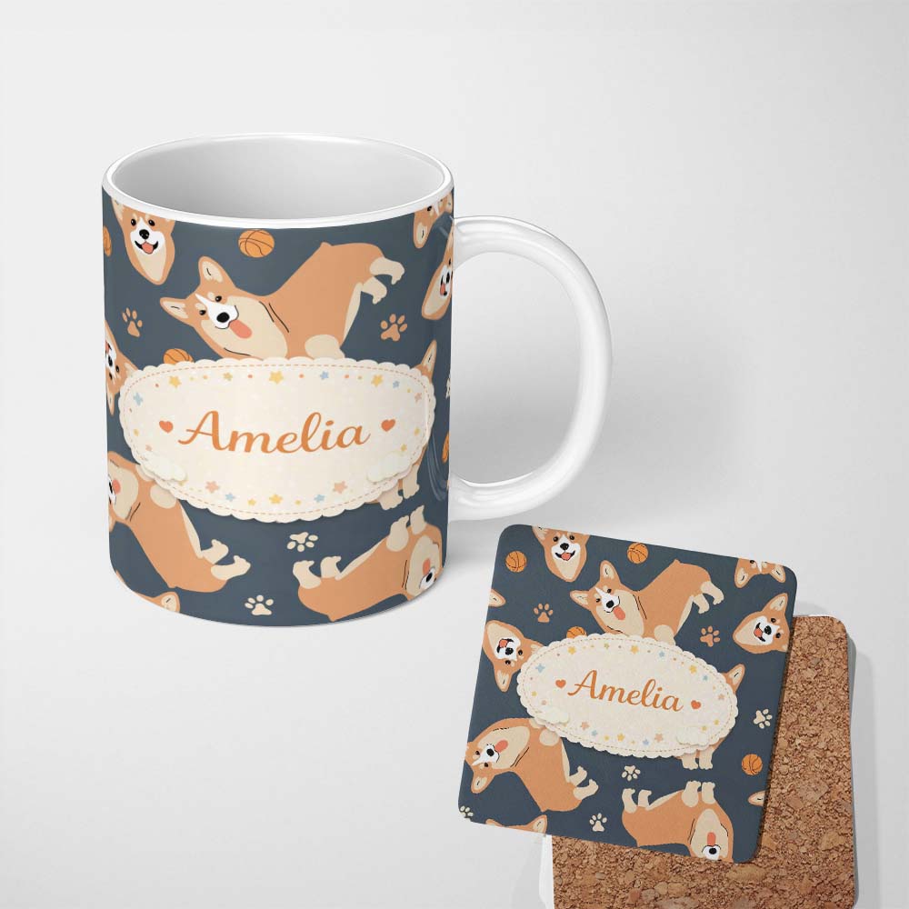 Personalized Custom Name Playful Corgi Dogs Basketball Seamless Pattern Stylish Everyday Mug 11oz Ceramic Coffee Tea Mug White Large Handle