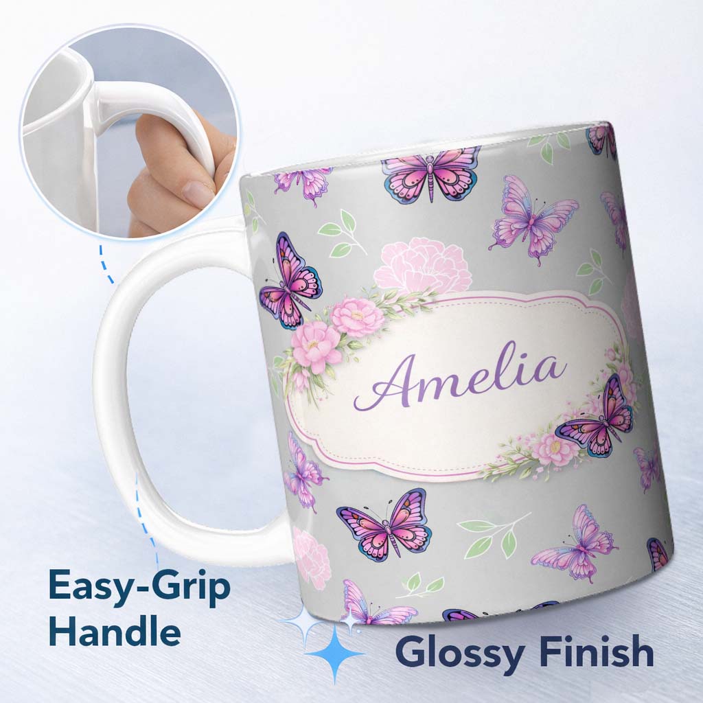 Personalized Custom Name Pink Purple Butterfly Floral Grey Background Seamless Pattern Lovely 11oz Ceramic Coffee Tea Mug White Large Handle
