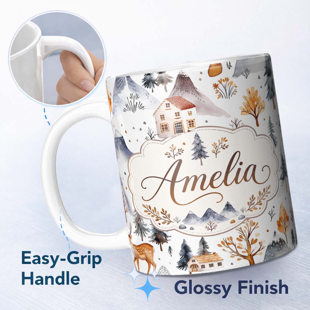 Personalized Custom Name Winter Mountain Cabin Forest Snow Landscape Seamless Pattern Lovely 11oz Ceramic Coffee Tea Mug White Large Handle