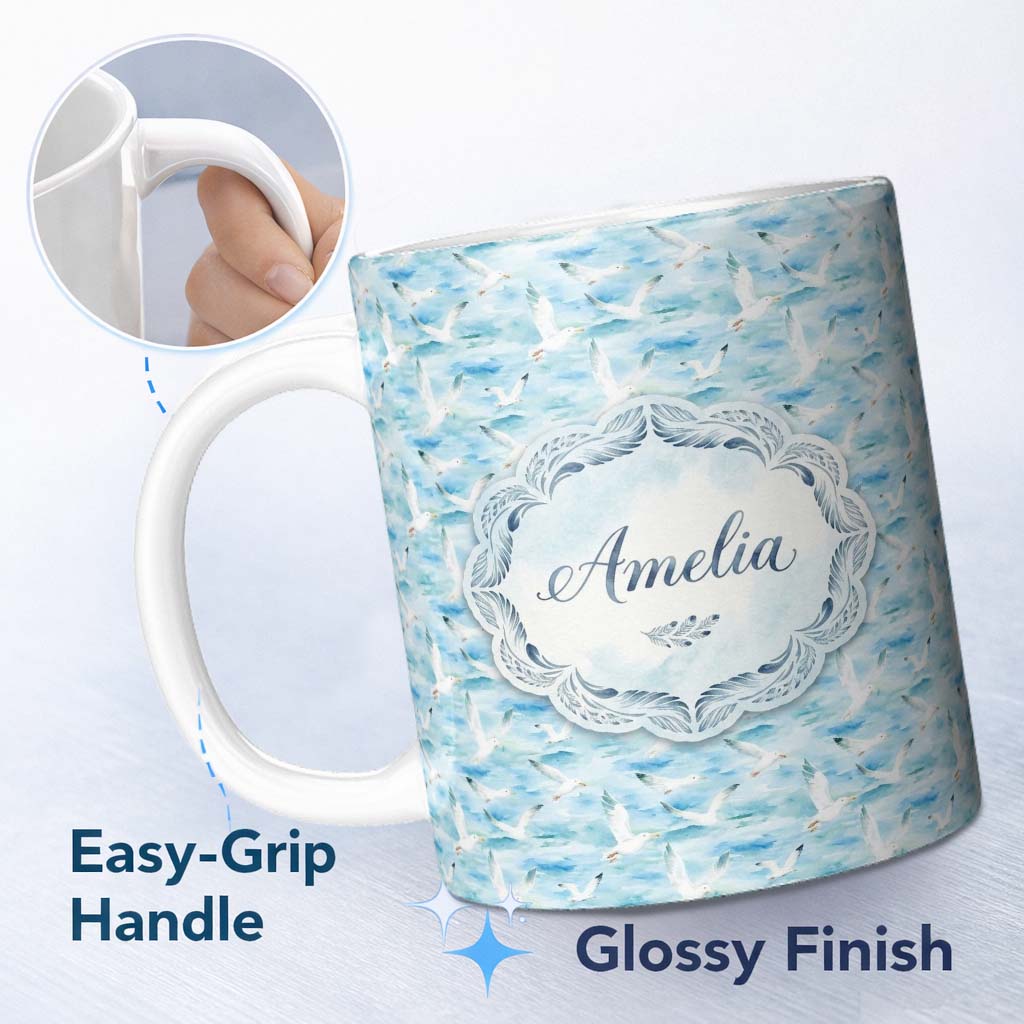 Personalized Custom Name Watercolor Seagulls Flying Over Ocean Waves Seamless Pattern Lovely 11oz Ceramic Coffee Tea Mug White Large Handle