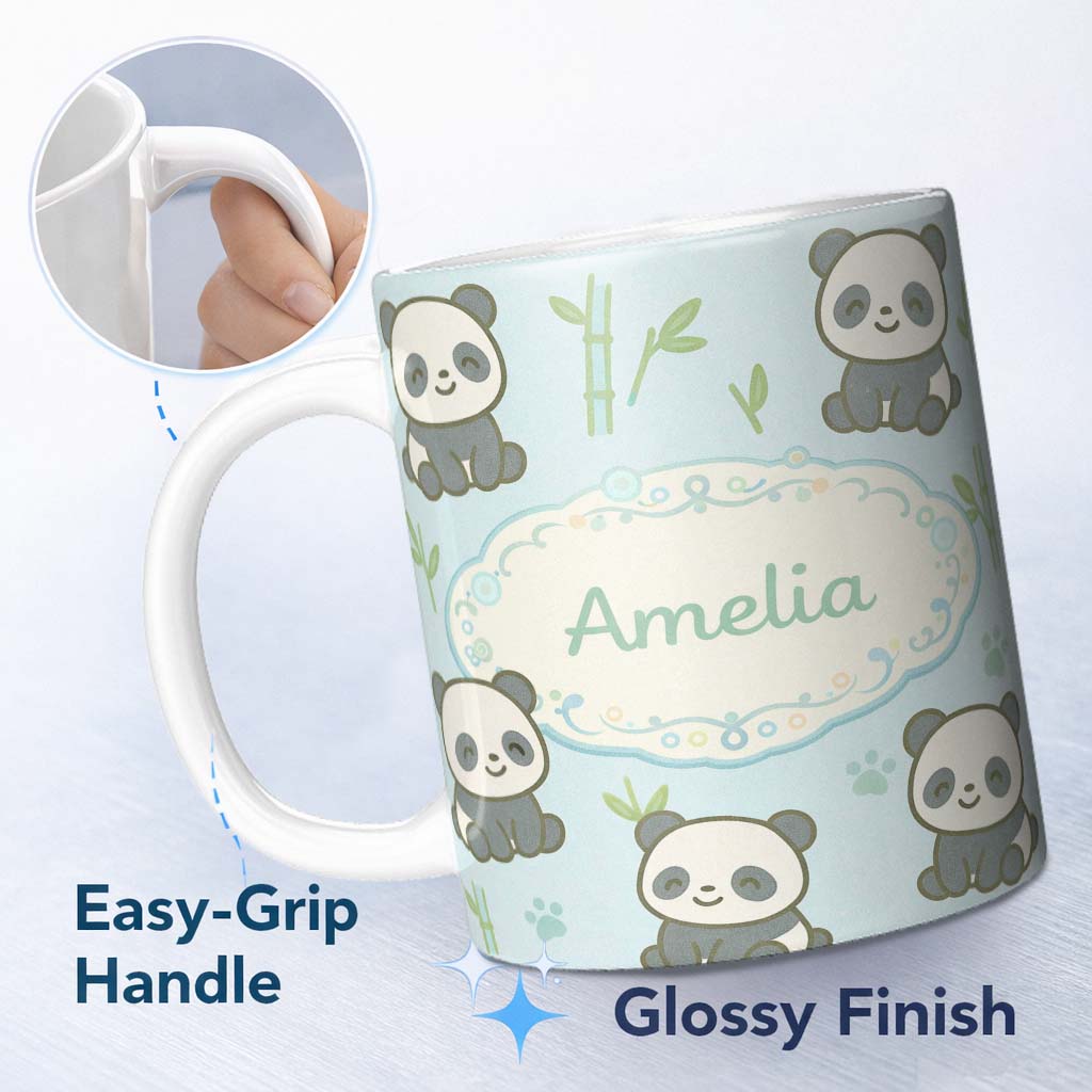 Personalized Custom Name Cute Panda Bamboo Cartoon Animal Pattern Stylish Everyday Mug Lovely 11oz Ceramic Coffee Tea Mug White Large Handle