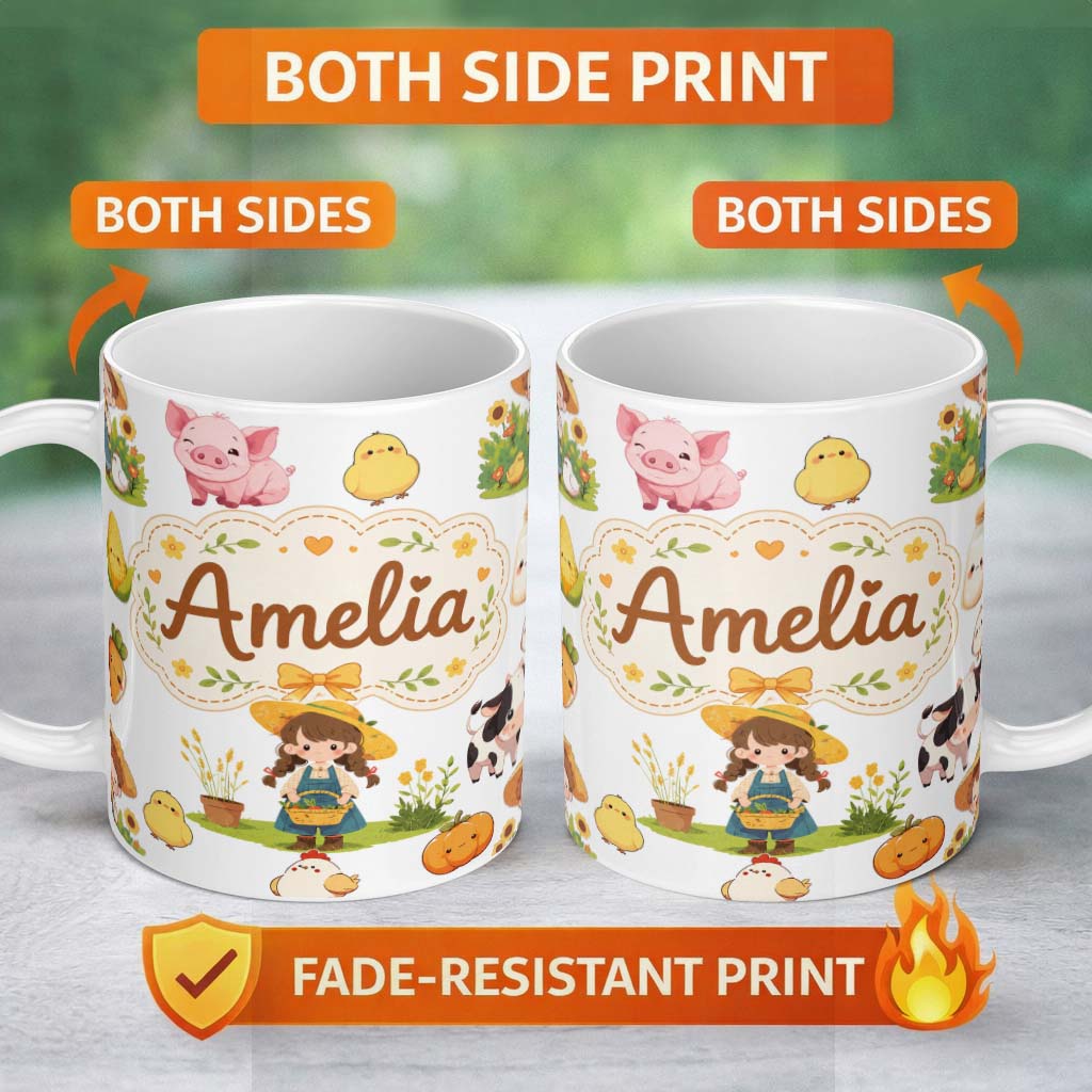 Personalized Custom Name Cute Farm Girl Animals Harvest Seamless Pattern Grey Background 11oz Ceramic Coffee Tea Mug White Large Handle