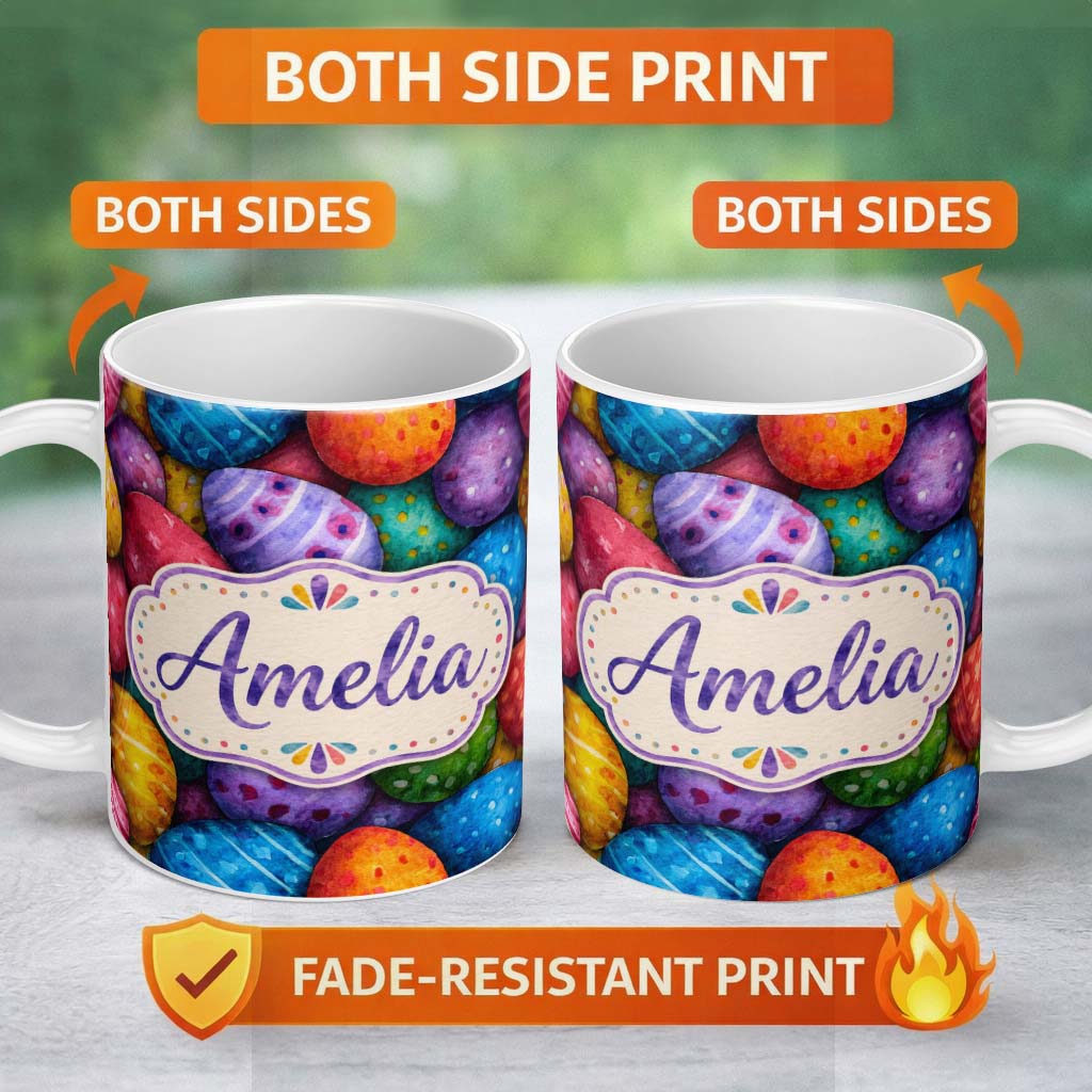 Personalized Custom Name Hand Painted Easter Egg Pattern with Dots and Decorative Details 11oz Ceramic Coffee Tea Mug White Large Handle