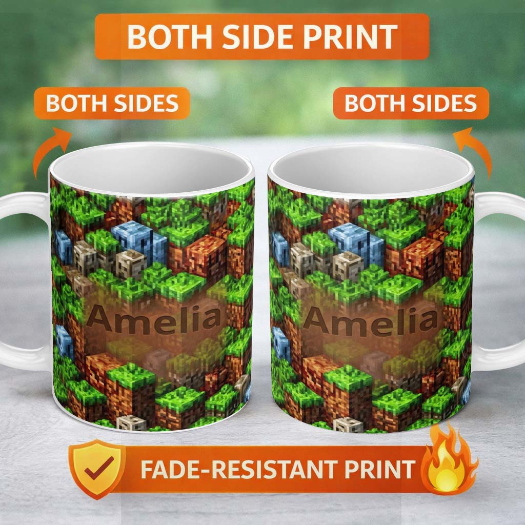 Personalized Custom Name Minecraft Style Grass Dirt Blocks Landscape Seamless Pattern Lovely 11oz Ceramic Coffee Tea Mug White Large Handle