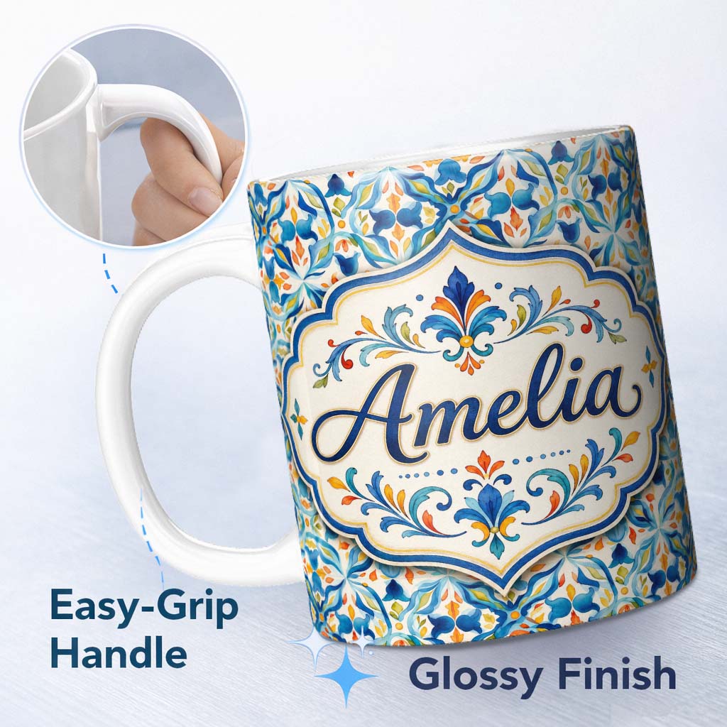 Personalized Custom Name Watercolor Mediterranean Tile Blue and Orange Floral Seamless Lovely 11oz Ceramic Coffee Tea Mug White Large Handle