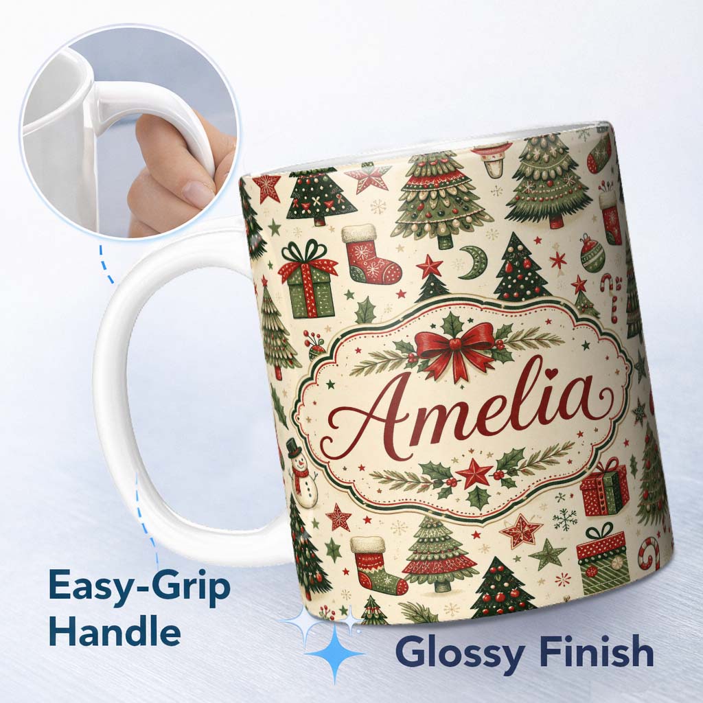 Personalized Custom Name Elegant Christmas Trees Baubles Stars Seamless Pattern Festive 11oz Ceramic Coffee Tea Mug White Large Handle