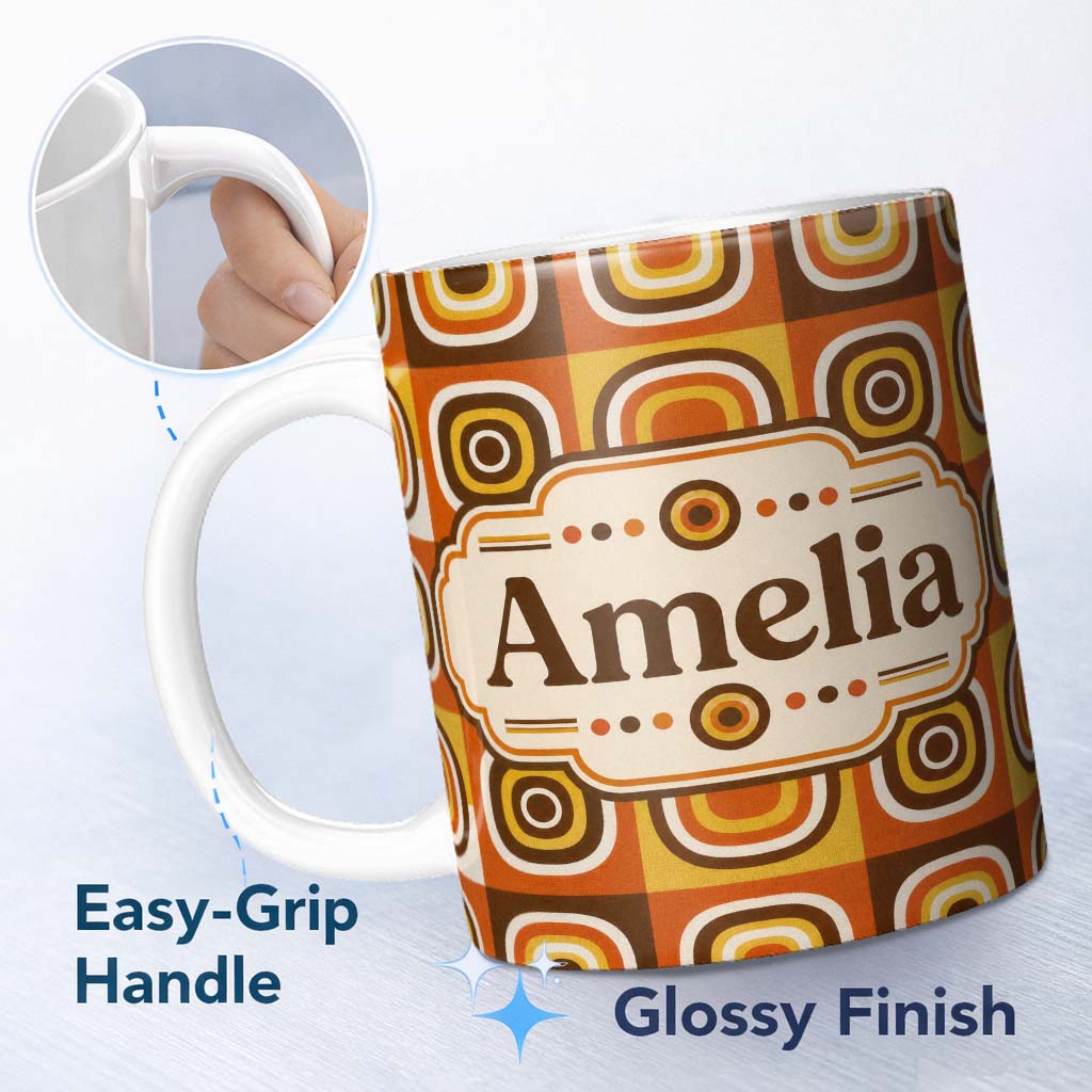 Personalized Custom Name Vintage Orange Brown Rounded Square Geometric Seamless Pattern 11oz Ceramic Coffee Tea Mug White Large Handle