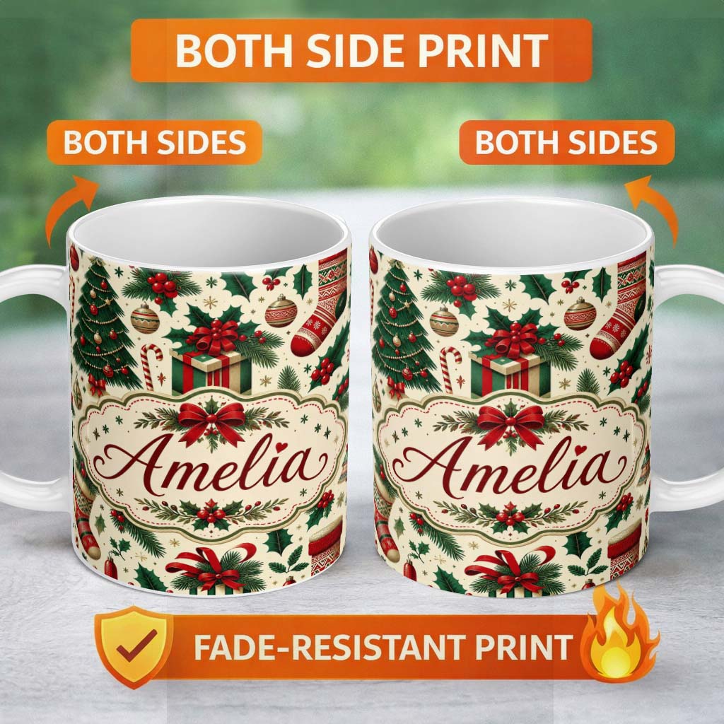 Personalized Custom Name Christmas Gift Boxes Candy Cane Holly Stockings Festive Holiday 11oz Ceramic Coffee Tea Mug White Large Handle