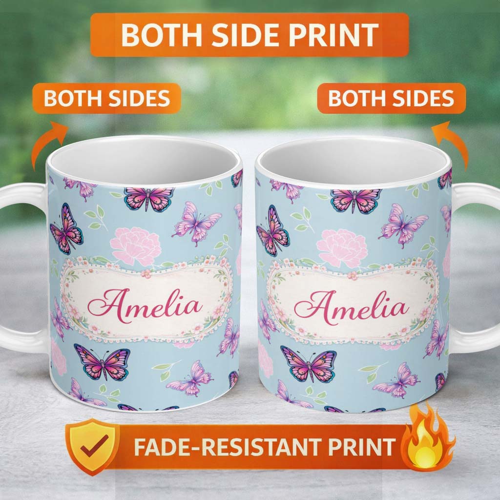 Personalized Custom Name Pink Purple Butterfly Floral Blue Background Seamless Pattern Lovely 11oz Ceramic Coffee Tea Mug White Large Handle